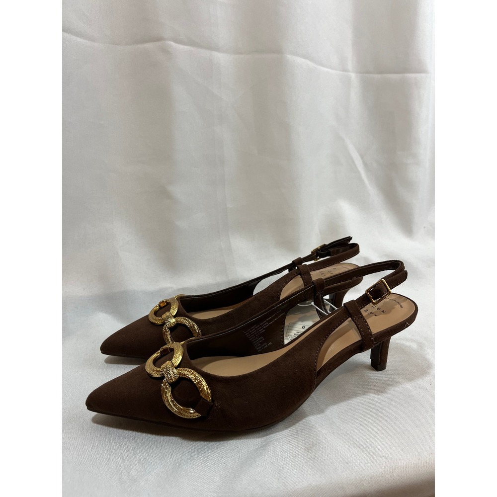 A New Day Tabitha Brown Suede Gold Chain Slingback Kitten Heel Pumps Size 6